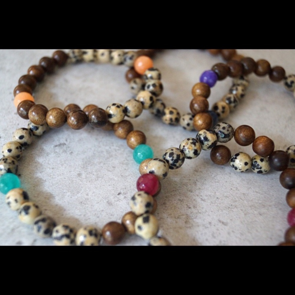 Dalmatian Jasper, Jade & Wood Handmade Bracelet